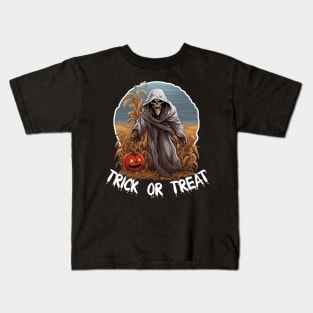 Grim Reaper In A Cornfield - Trick Or Treat (White Lettering) Kids T-Shirt